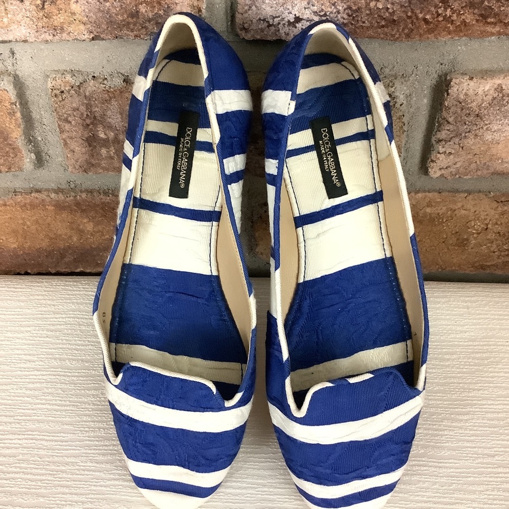 DOLCE & GABBANA Blue/White Stripe Brocade Slip-On Flats - Picture 7 of 16